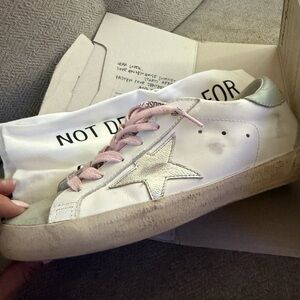 Golden Goose White and Silver Sneakers with Pink Laces